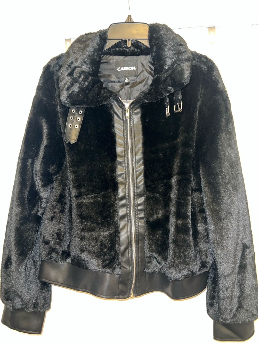 Carbon Black Faux-Fur Teddy Jacket with Leather Accents